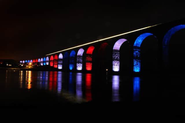 Lights on the Royal Border Bridge in Berwick.