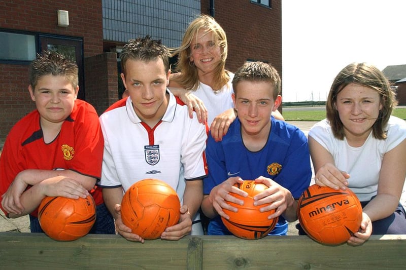 Pupils involved in an anti-smoking football campaign at Coquet High School, Amble, in June 2003.