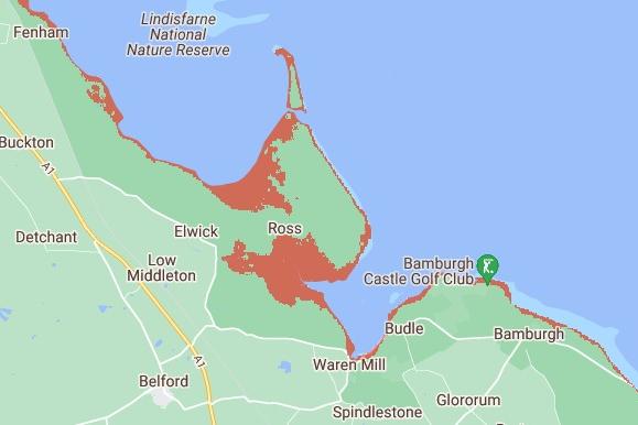By 2050, a significant area of Ross will be submerged. Alongside this, the coastline towards Bamburgh and Waren Mill will be pushed back due to the sea level rise. Bamburgh Castle and the golf club will take a hit and are predicted to be left under water.
