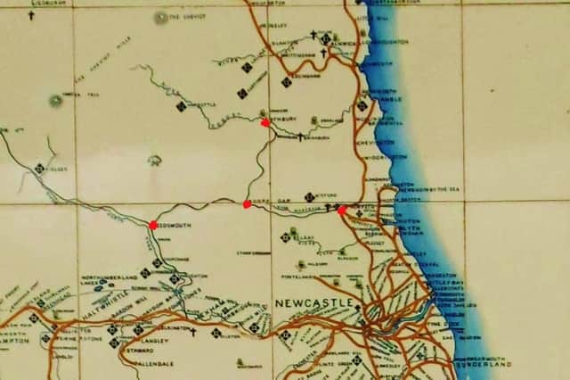 Railway map. Red dots mark Rothbury, Redesmouth, Scots Gap and Morpeth.