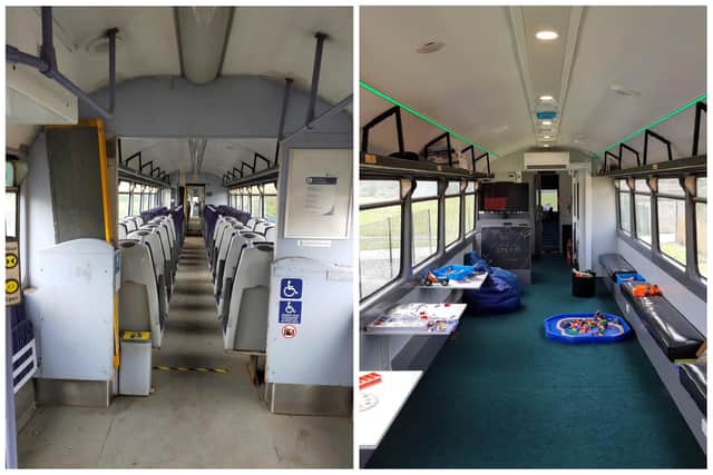 Before (left) and after the train interior had been converted.