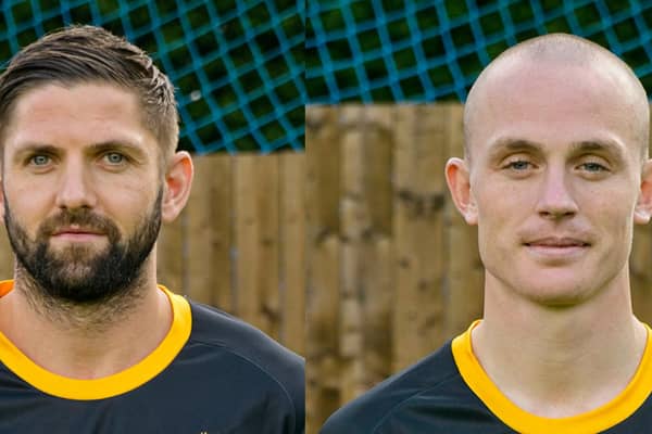 Liam Henderson (left) who netted a hat-trick, and Jack Foalle, who scored the other two goals in Morpeth’s 5-1 win at Radcliffe on Saturday.
