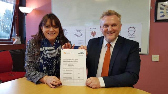 Cath McEvoy-Carr, the executive director of children’s services, and Coun Wayne Daley, the cabinet member for children’s services, celebrate the Ofsted inspection report.