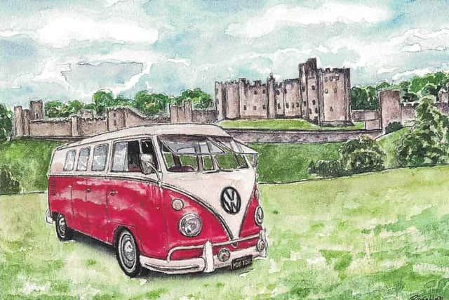 A painting of a 1965 ‘split-screen’ VW camper in front of Alnwick Castle is being sold to raise money for Northumbrian Samaritans.