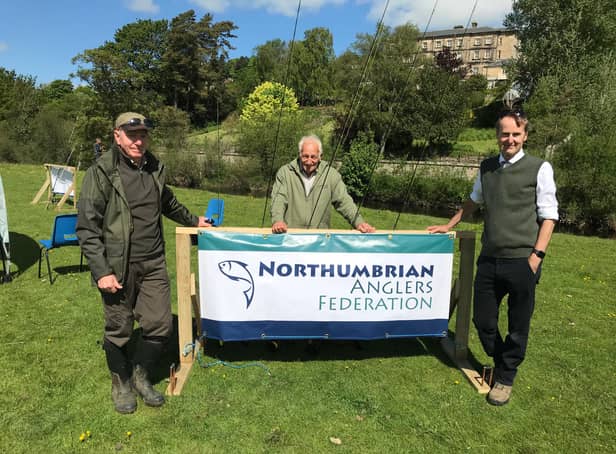 Northumbrian Anglers Federation chairman Dr Mike Dodd and head bailiff Willie Farndale, with Federation president the Duke of Northumberland.
