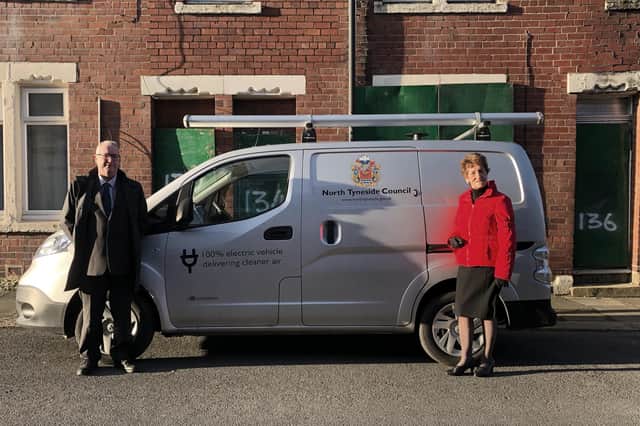Mayor Norma Redfearn CBE on Charlotte Street, Wallsend, with Coun Steve Cox, Cabinet Member for Housing, where the council is bringing properties left derelict by a landlord back to life.