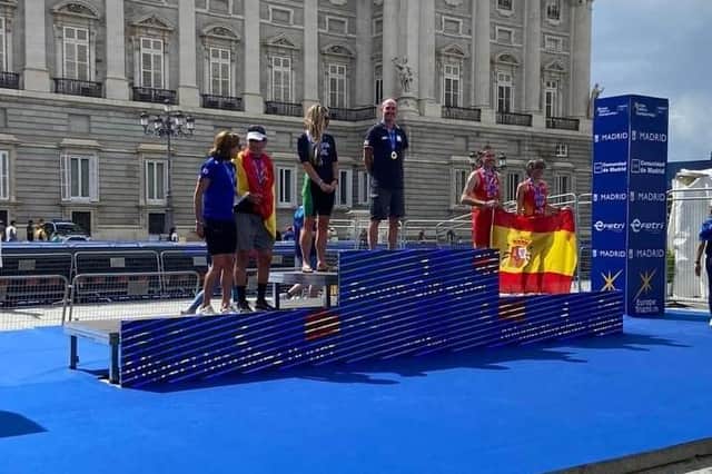 Steve Carragher of Alnwick Tri on the top step of the podium after his win in the European Sprint Triathlon Championships in Madrid. Picture: Alnwick Tri