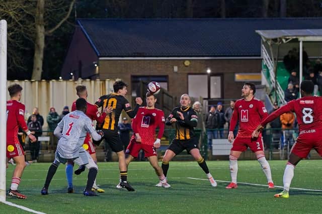 Morpeth Town fought back from 3-1 down against Ashton United to keep their promotion hopes alive. Picture: George Davidson.