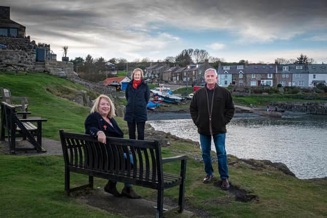 Cllr Wendy Pattison, member for Longhoughton ward on Northumberland County Council (seated), Craster parish councillor Margaret Brooks and Northumberland County Council leader Glen Sanderson in Craster.