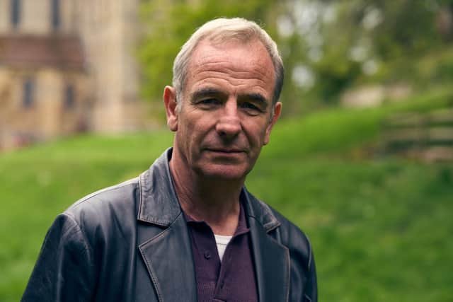 Robson Green filming for The Northumbria Mysteries by the coast. (Photo: BBC/Lonesome Pine Productions/Alex Telfer)