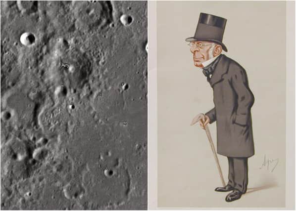 Left, the Airy lunar crater. Right, Sir George Biddell Airy caricatured by Ape in Vanity Fair in November 1875.