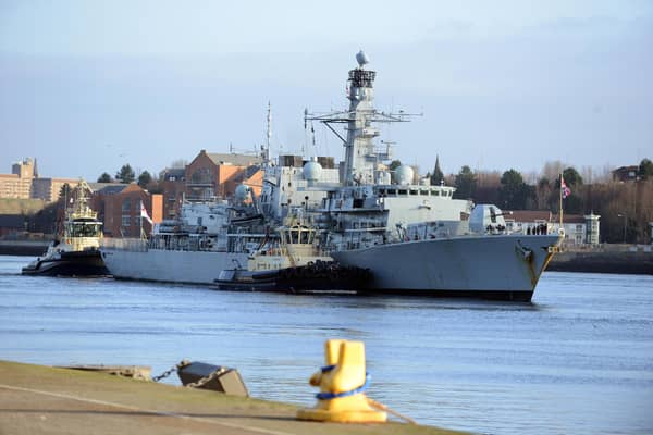 HMS Northumberland arrives on the River Tyne in February 2020.
