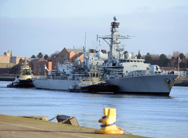 HMS Northumberland arrives on the River Tyne in February 2020.