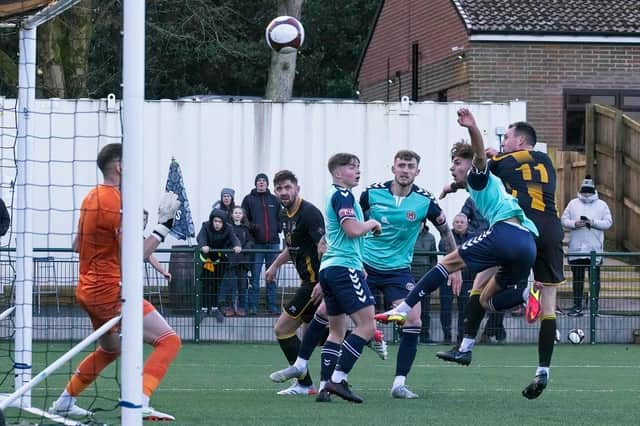 Action from Morpeth's 2-2 home draw with Hyde on Saturday. Picture by George Davidson.