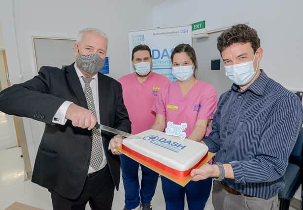 Wansbeck MP Ian Lavery joins staff at the clinical teaching hub 'DASH' (Dinwoodie Assessment and Simulation Hub) to celebrate its fifth birthday at Wansbeck General Hospital in Ashington.