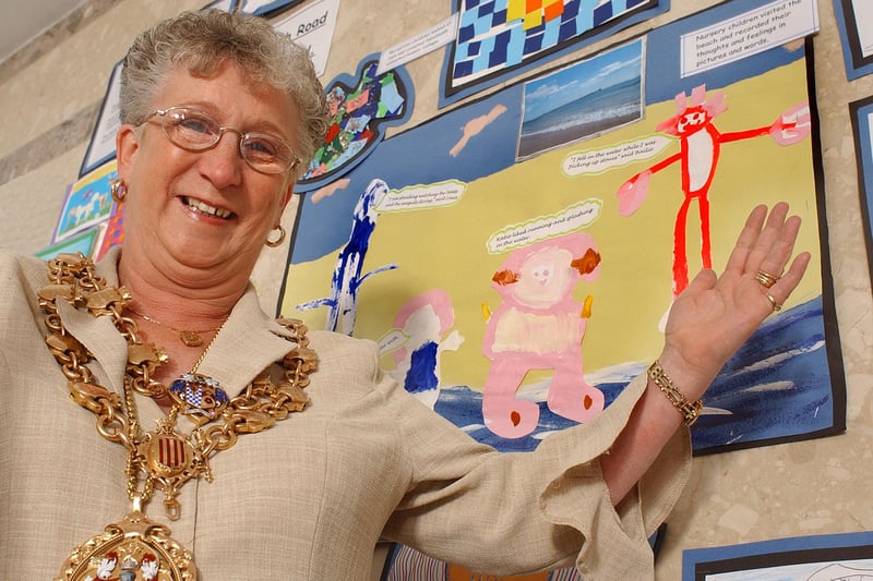 Mayor of Blyth Valley, Cllr Kath Nisbet, with a display of children's art on show at the Keel Row Centre.