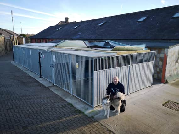 Chris Bray, chief executive of Newcastle Dog and Cat Shelter, with the damaged kennels alongside 6-year-old, Blade - a Siberian Husky with very limited vision, who is currently looking for a home.