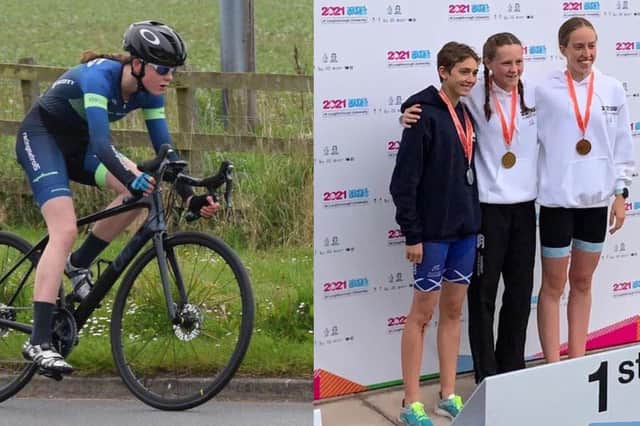 Pedal power from Millie Breese, and right, on the podium, winning gold, in the individual triathlon and the National School Games.