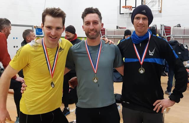 Morpeth Harriers' gold-medal winning Over-35s team at Birtley, from left to right, Andrew Lawrence, Rob Balmbra, Adam Pratt. Picture: Peter Scaife