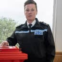 Chief Superintendent Joanne Park-Simmons, Northumbria Police’s knife crime lead, with one of the surrender bins. (Photo by Northumbria Police)