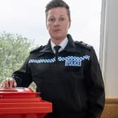 Chief Superintendent Joanne Park-Simmons, Northumbria Police’s knife crime lead, with one of the surrender bins. (Photo by Northumbria Police)