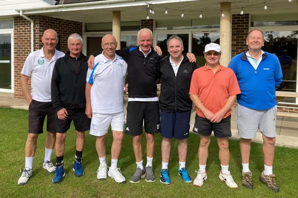 The Morpeth over-60 team - the four players from the right - with players from Shotley & Benfieldside Tennis Club. Picture: Morpeth Tennis Club