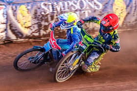 Berwick’s Jye Etheridge and Poole’s Ben Cook mixing it on the first bend during the meeting at Shielfield on Saturday.