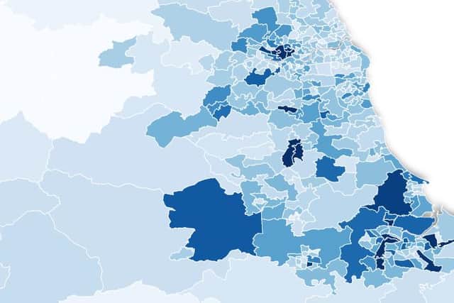 The areas with the highest numbers of new covid cases are in dark blue