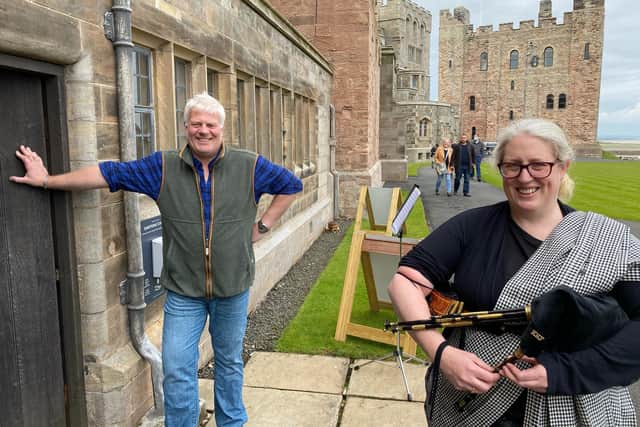 Bamburgh Castle owner Francis Watson-Armstrong and piper Joanne Kemp.