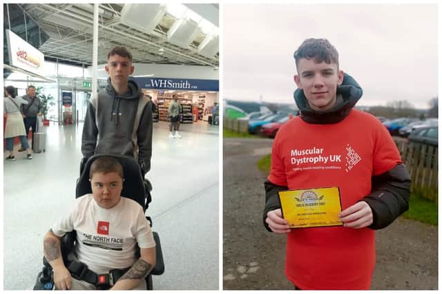 John with his brother, George (left), and after completing the skydive (right). (Photo by Muscular Dystrophy UK)
