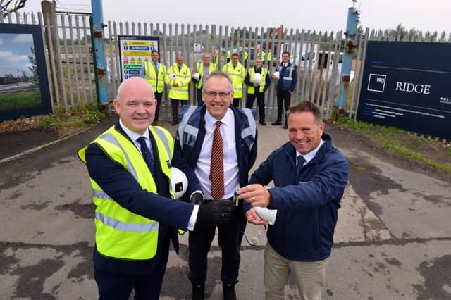 Official works start on the Britishvolt's new gigafactory in Cambois. Key hand over from left ISG director of operations Martin Smith, Britishvolt UK CEO Peter Wilton and Britishvolt project director Rich McDonell.