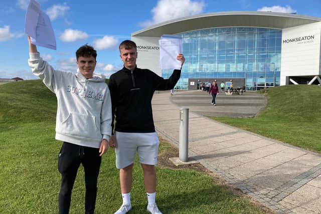 Monkseaton High School students Joseph and Jay with their A-Level results.