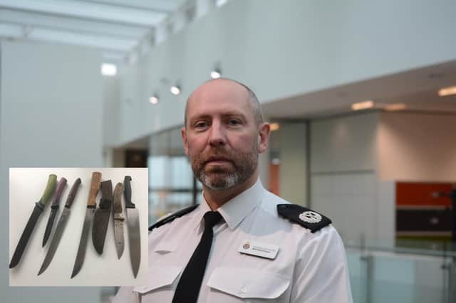 Assistant Chief Constable Neil Hutchison and (inset) some of the knives handed in.