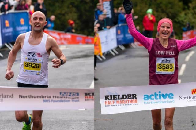 The winners in the Kielder Marathon take the tape.