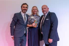 Comedian Patrick Monahan and Tim Burgess from Zoetis with Equine SQP of the Year, Claire Shand.