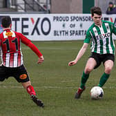 Aaron Cunningham in action for Blyth Spartans against Altrincham in February. (Photo credit: Bill Broadley)