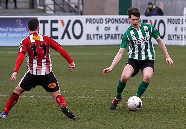 Aaron Cunningham in action for Blyth Spartans against Altrincham in February. (Photo credit: Bill Broadley)