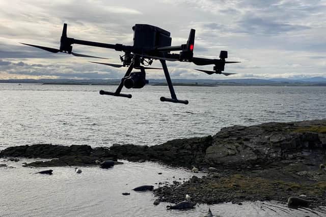 Researchers use a specially permitted drone to help with the annual seal count on the Farne Islands. Credit TerraDrone