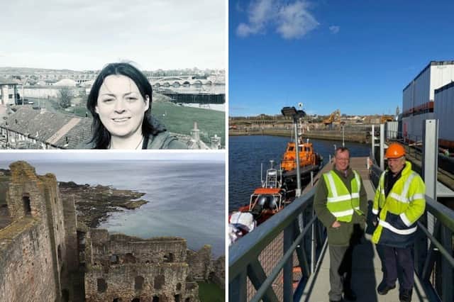 Right: Council leader Peter Jackson with Berwick Harbour Commission chief executive Alan Irving.
Top left: Coun Georgina Hill, with the new jetty in the background.