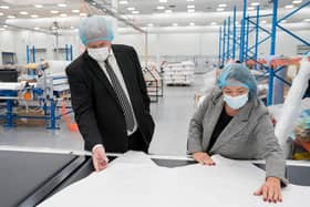 Wansbeck MP Ian Lavery on a tour around the Northumbria Healthcare PPE Manufacturing and Innovation Hub at Seaton Delaval with Sarah Rose, the hub’s Divisonal Director.