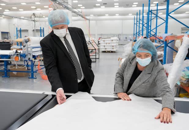 Wansbeck MP Ian Lavery on a tour around the Northumbria Healthcare PPE Manufacturing and Innovation Hub at Seaton Delaval with Sarah Rose, the hub’s Divisonal Director.