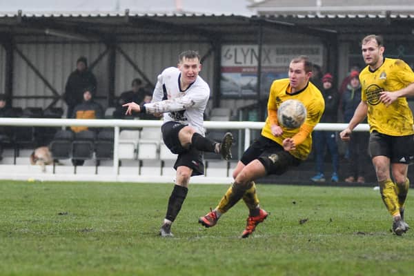 Karl Ross strikes and scores for Ashington. Picture: Ian Brodie