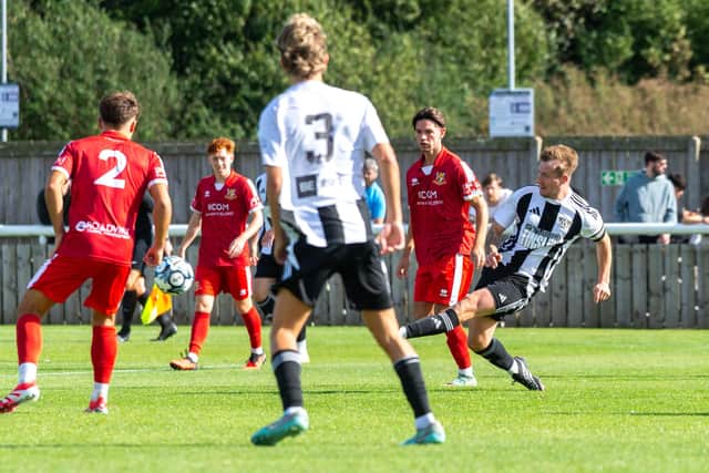 Skipper Karl Ross scores for Ashington in a 3-1 defeat against Bridlington. Picture: Ian Brodie