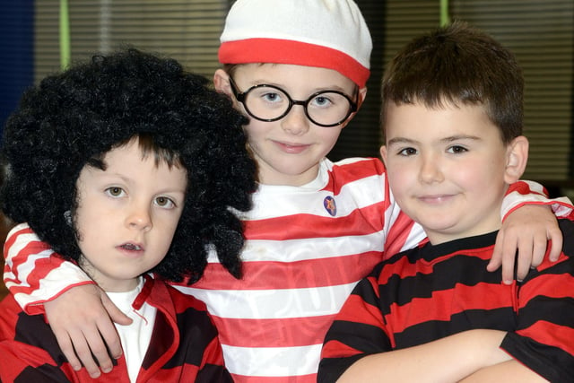 World Book Day at the Links First School in Amble. Ethan Sales, Rylie Greay and Aaran Darling as Dennis The Menaces and Where's Wally.