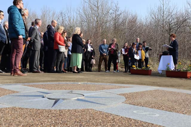 Mayor Norma Redfearn delivers a speech at the unveiling of the first reflection area in North Tyneside.