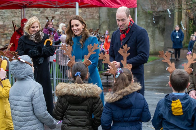 Prince William, then Duke of Cambridge and Catherine, then Duchess of Cambridge meet schoolchildren at Holy Trinity Church of England First School.