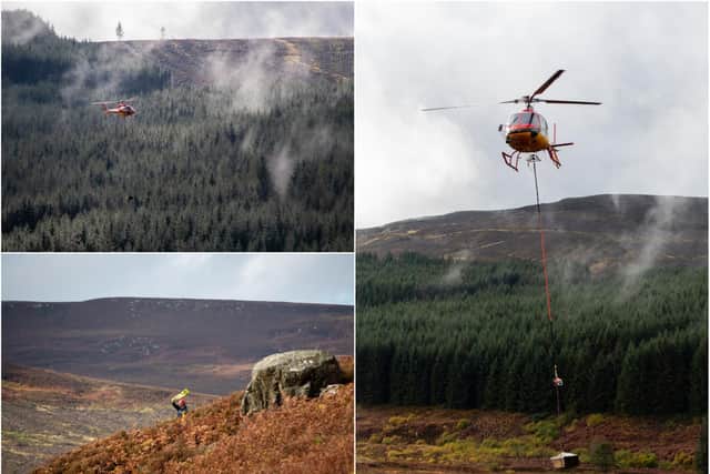 A helicopter has delivered thousands of tree tubes and stakes to a remote hillside near Kielder. Pictures: Elliot Lea