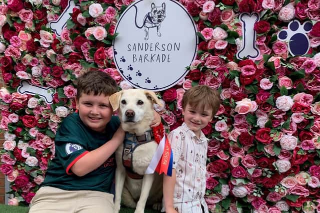 Max and Brody Robertson with golden Labrador Milly.
