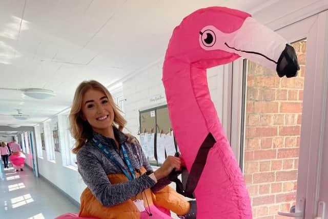 Miss Armstrong in her flamingo costume.