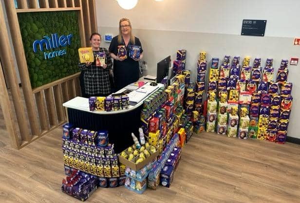 Miller Homes' Carli Heward and Trudy Alexander with the Easter eggs. (Photo by Miller Homes)